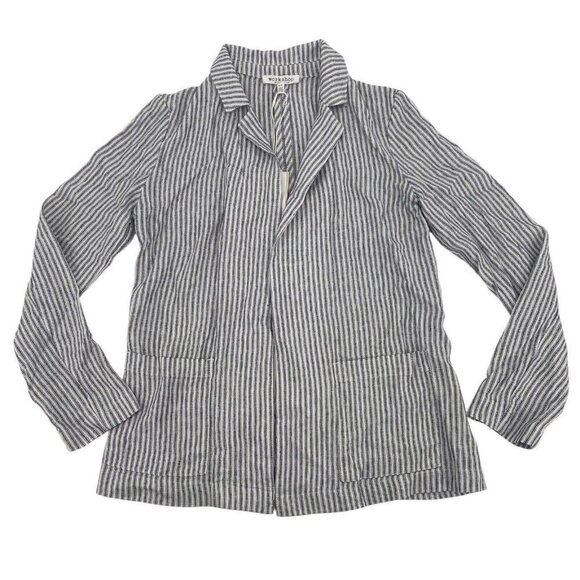 Workshop Size M Open Front Blazer Linen Blend White Gray Pencil Stripe NWT - Picture 1 of 10